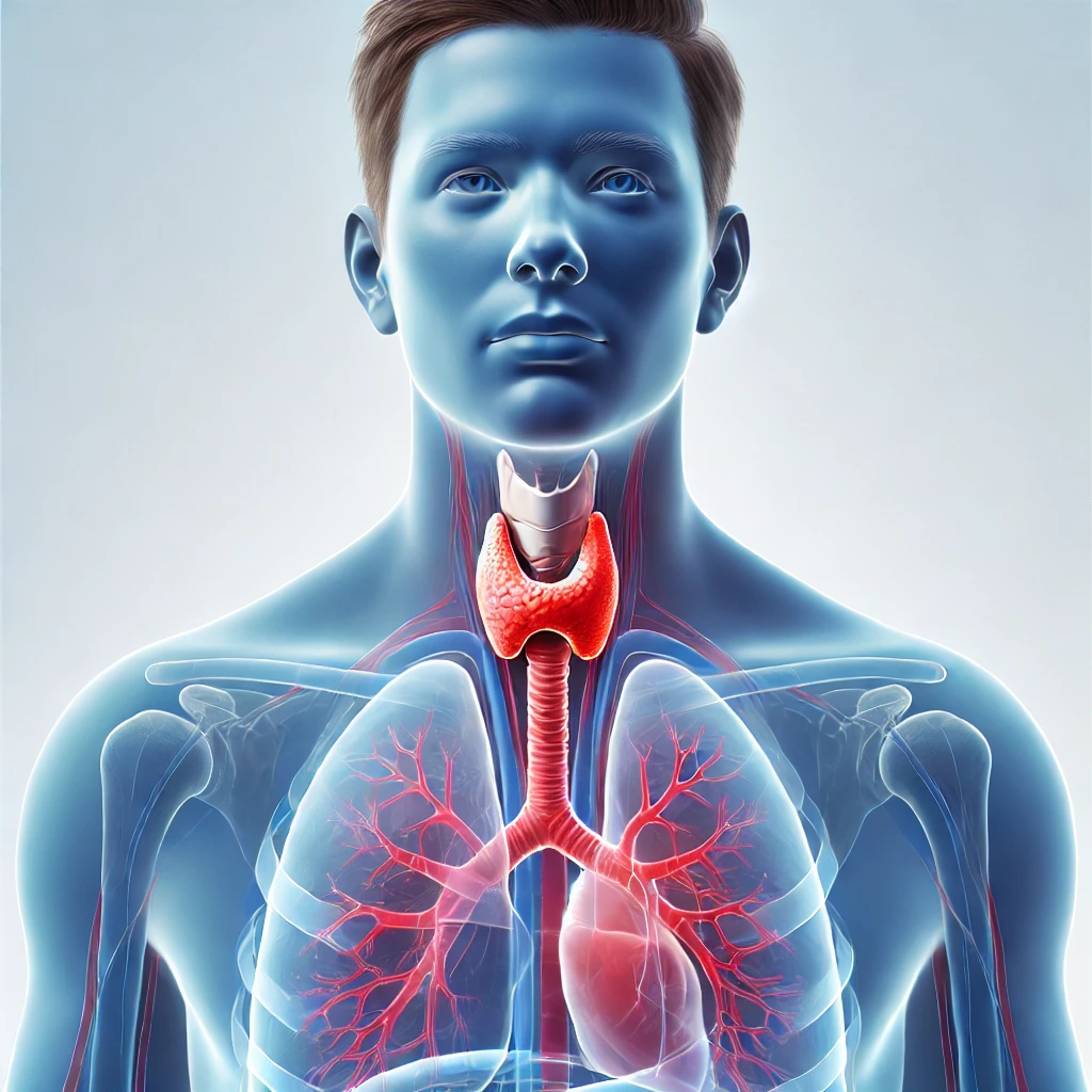 Tıbbî bir çizimle boyun bölgesinde yer alan kırmızıyla vurgulanmış tiroid bezini gösteren, vücudun üst kısmını şeffaf bir şekilde gösteren görsel